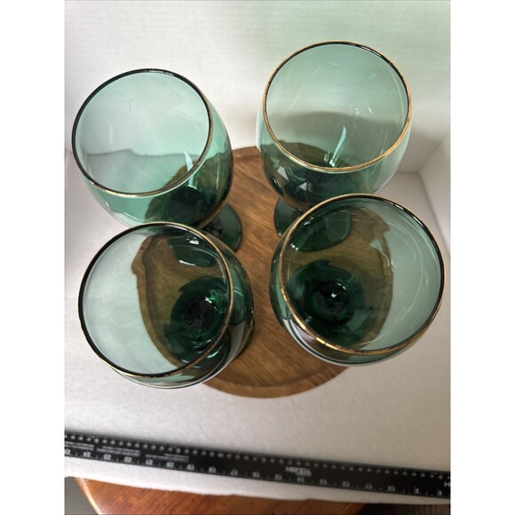 Set of 4  Vintage Libbey Teardrop Juniper Green Wine Goblets Glasses Gold Rims - Picture 3 of 16